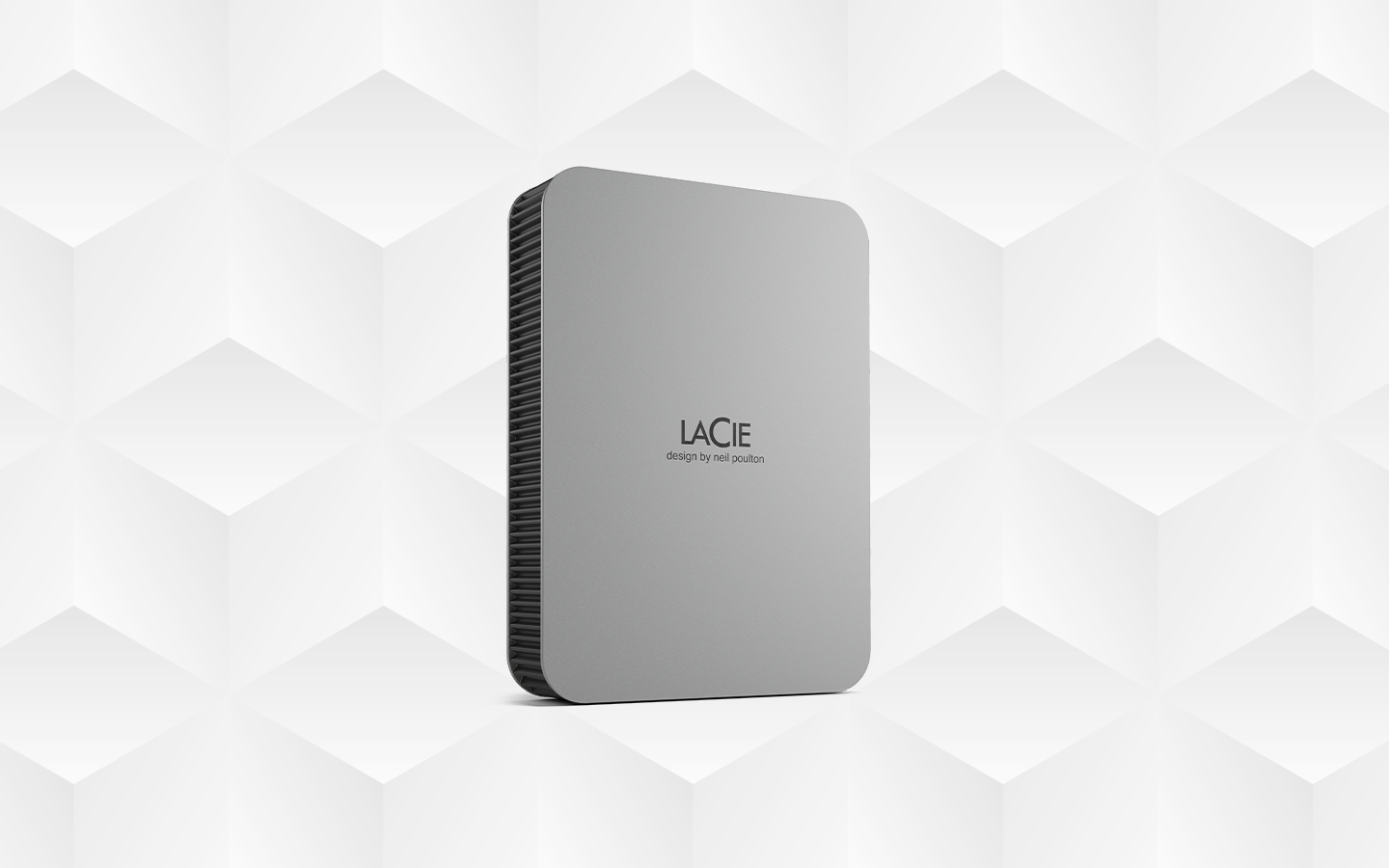 A gray LaCie mobile secure external hard drive is standing angled to the right.
