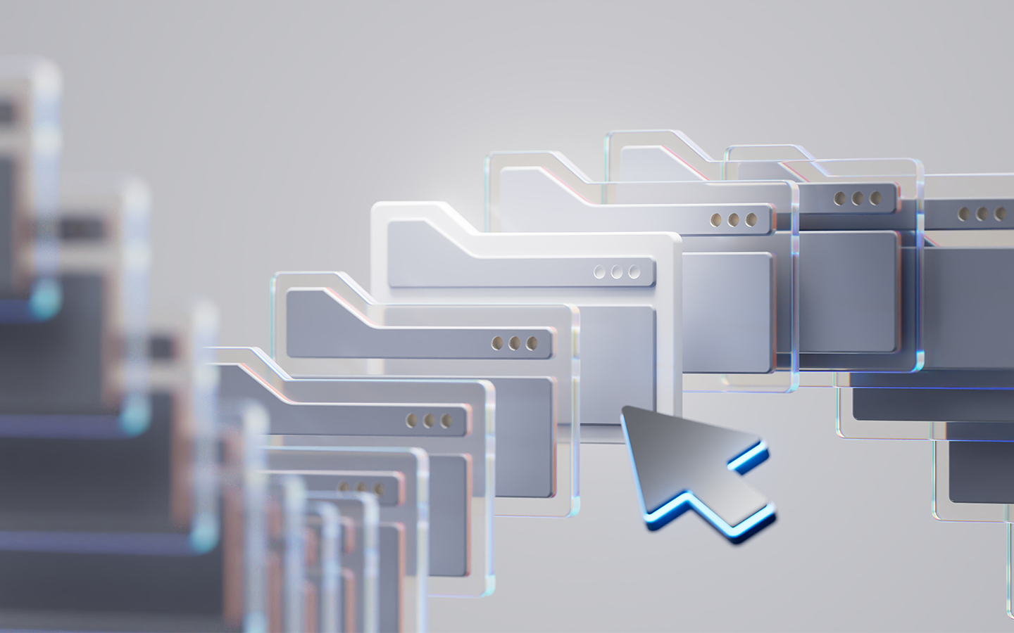 A series of acrylic and chrome folder icons stand in a line with an arrow pointing at a specific one.
