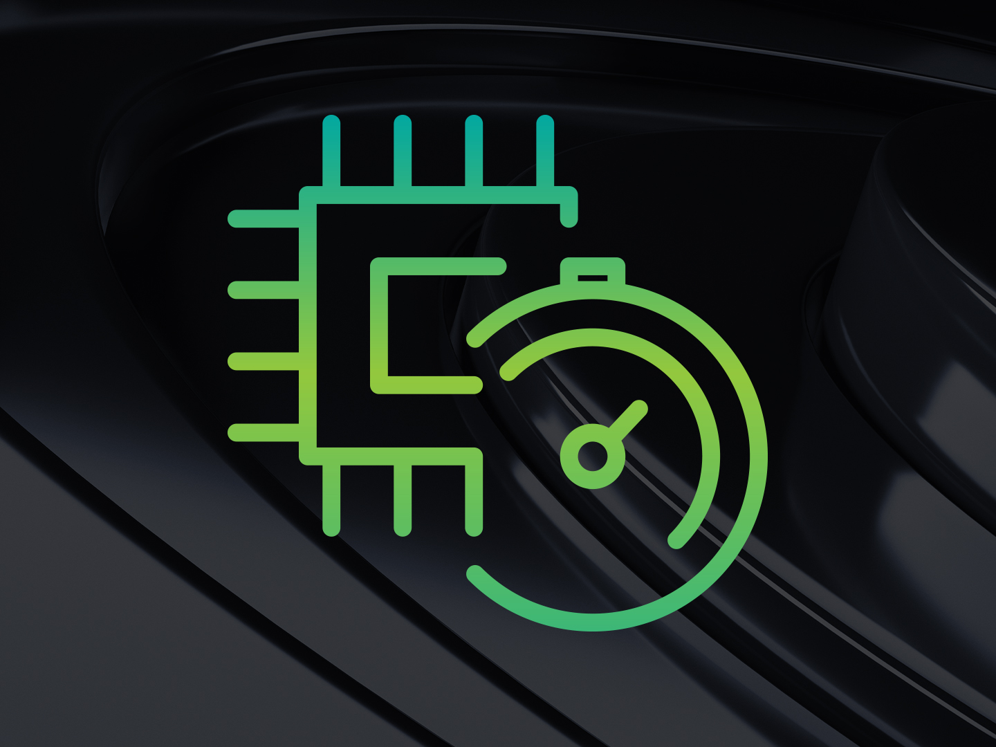 Overlapping icons or a computer chip and stopwatch reference technical performance, such as frame rate.