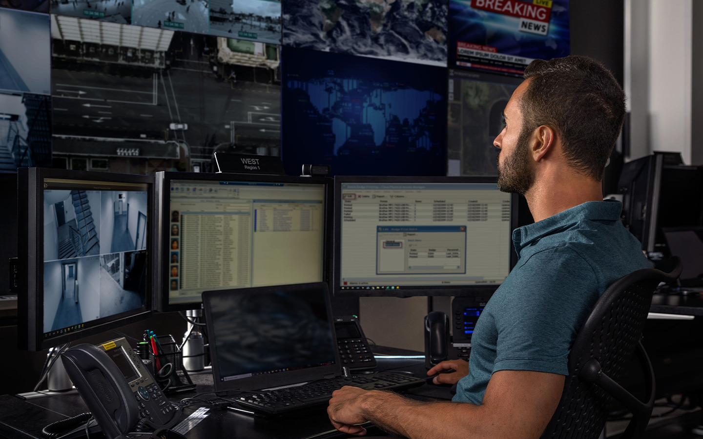 An individual sits in front of numerous computer screens that feature surveillance video feeds and spreadsheets.