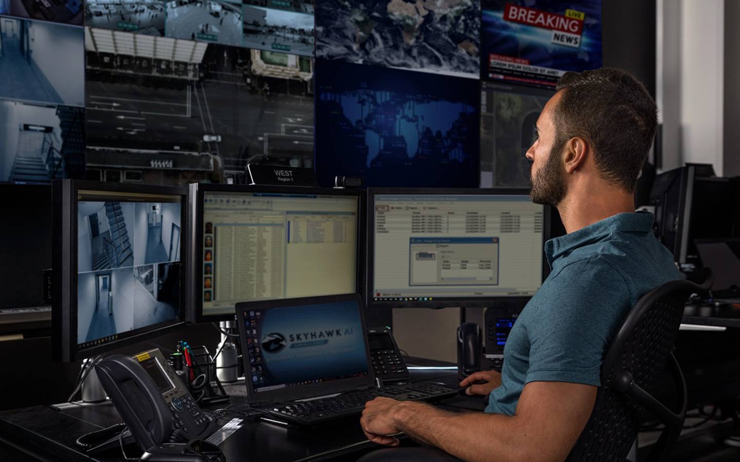 A man wearing a short-sleeve collared shirt is sitting at a desk and looking at numerous flat screen displays, some of which show surveillance video feeds of hallways and stairs.