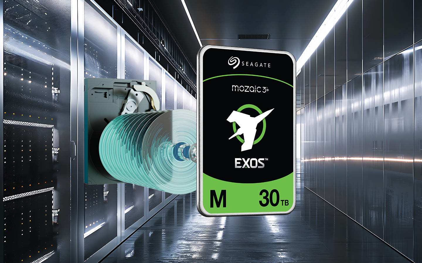 Exos M 30TB expanded to show ten platters per drive on a data center background.