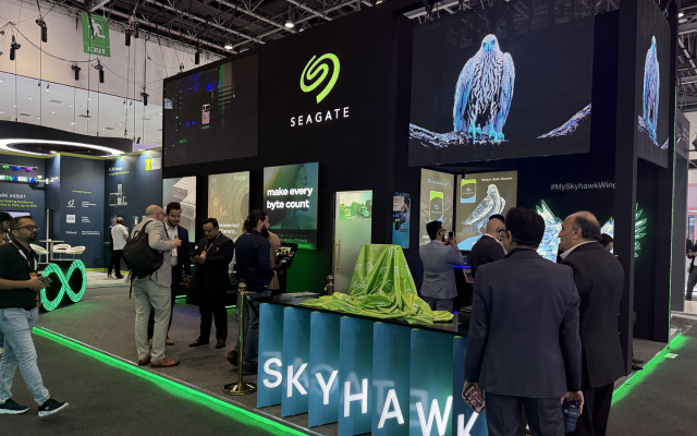 Convention goers looking at the SkyHawk product demo in the Seagate booth at Intersec Dubai 2026.