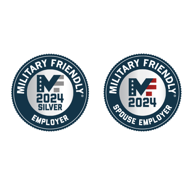 Two circle graphics designating Seagate as a 2024 silver level military friendly employer and 2024 military friendly spouse employer.