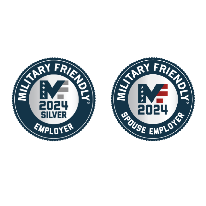 Two circle graphics designating Seagate as a 2024 silver level military friendly employer and 2024 military friendly spouse employer.