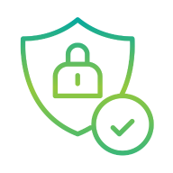 A green icon consisting of a shield with a padlock in the center representing safety.