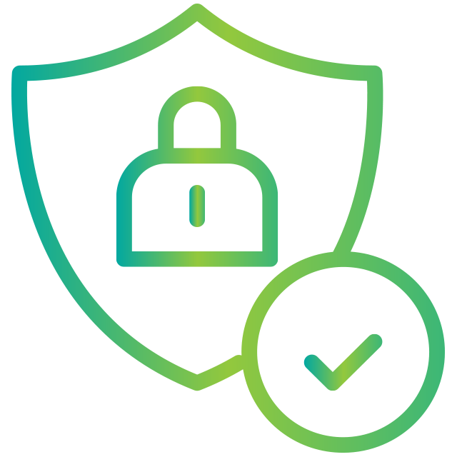 Icon consisting of a lock in the centre of a shield with an overlapping circle encasing a check mark indicates secured data.