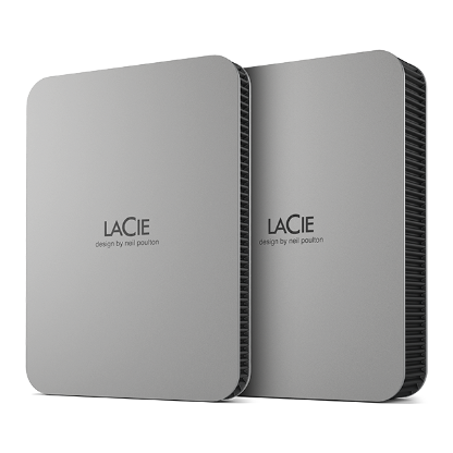 Two grey portable hard drives standing side by side and featuring the LaCie logo and words: ‘Design by Neil Poulton.’