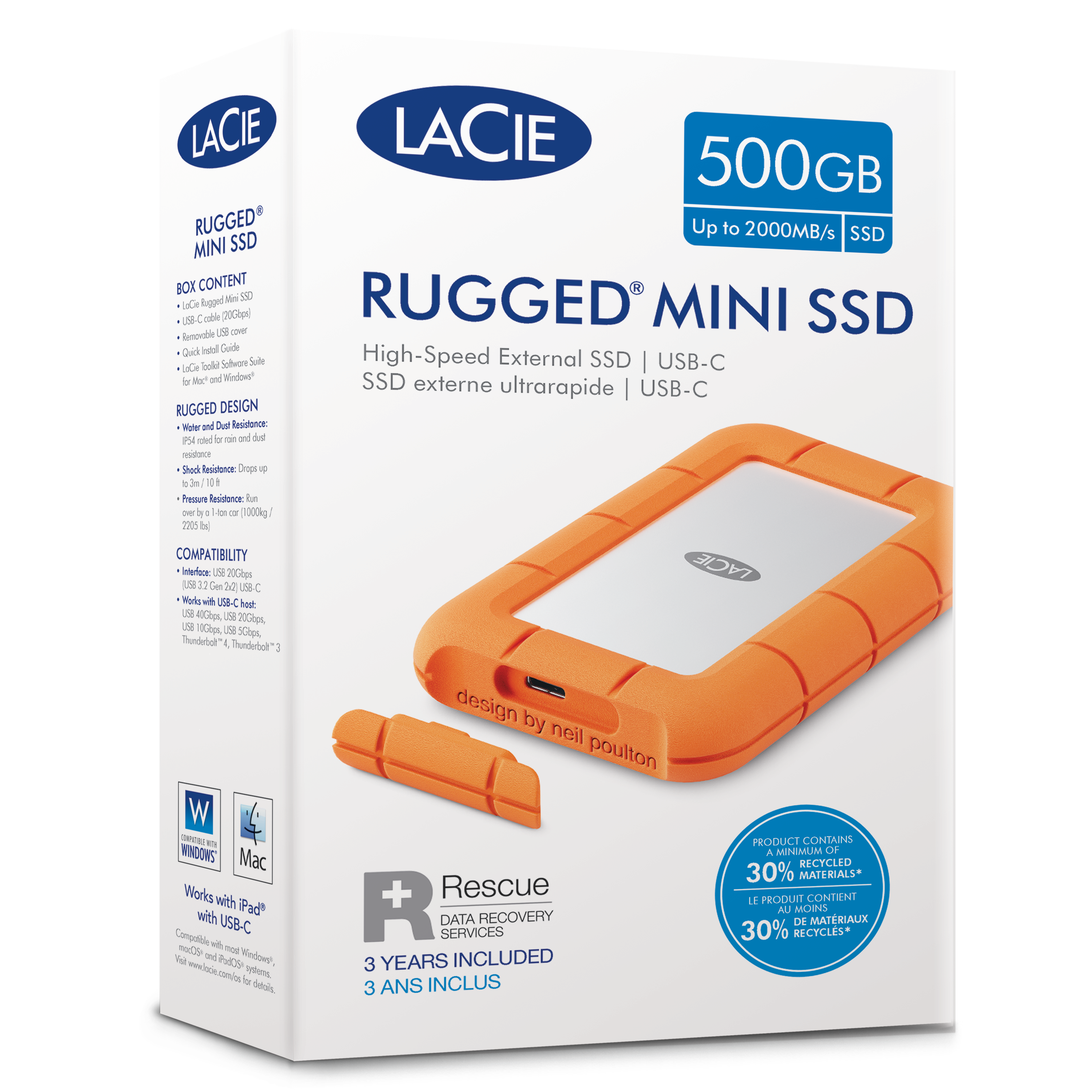 A white product box featuring a photo of the LaCie Rugged Mini SSD notes 500GB of storage.