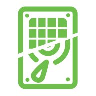 Green line illustration indicating a hard drive and including a cut-away section to show internal components.