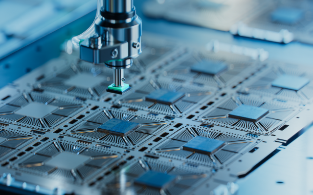 Close-up of a pick-and-place machine extracting a die from a semiconductor wafer and placing it onto a substrate for packaging.