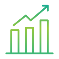 Bar chart with an upward-angled arrow symbolizing growth and progress, represents company statistics and performance.